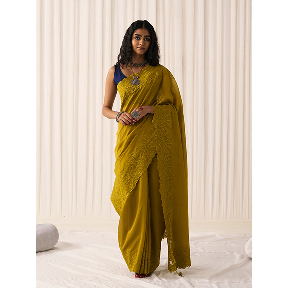 Five Point Five Women's Chameli Green Floral Saree with Unstitched Blouse