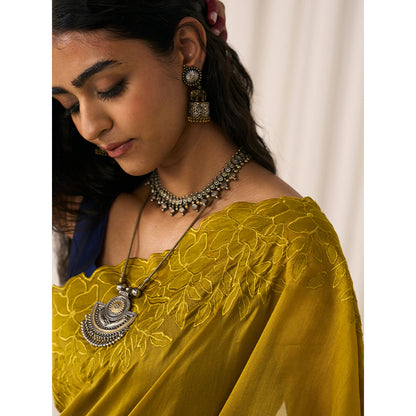 Five Point Five Women's Chameli Green Floral Saree with Unstitched Blouse