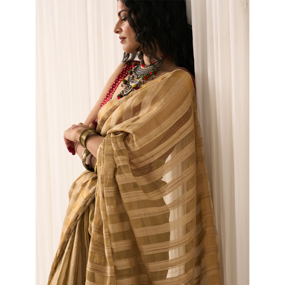 Five Point Five Women's Hema Beige Woven Saree with Unstitched Blouse
