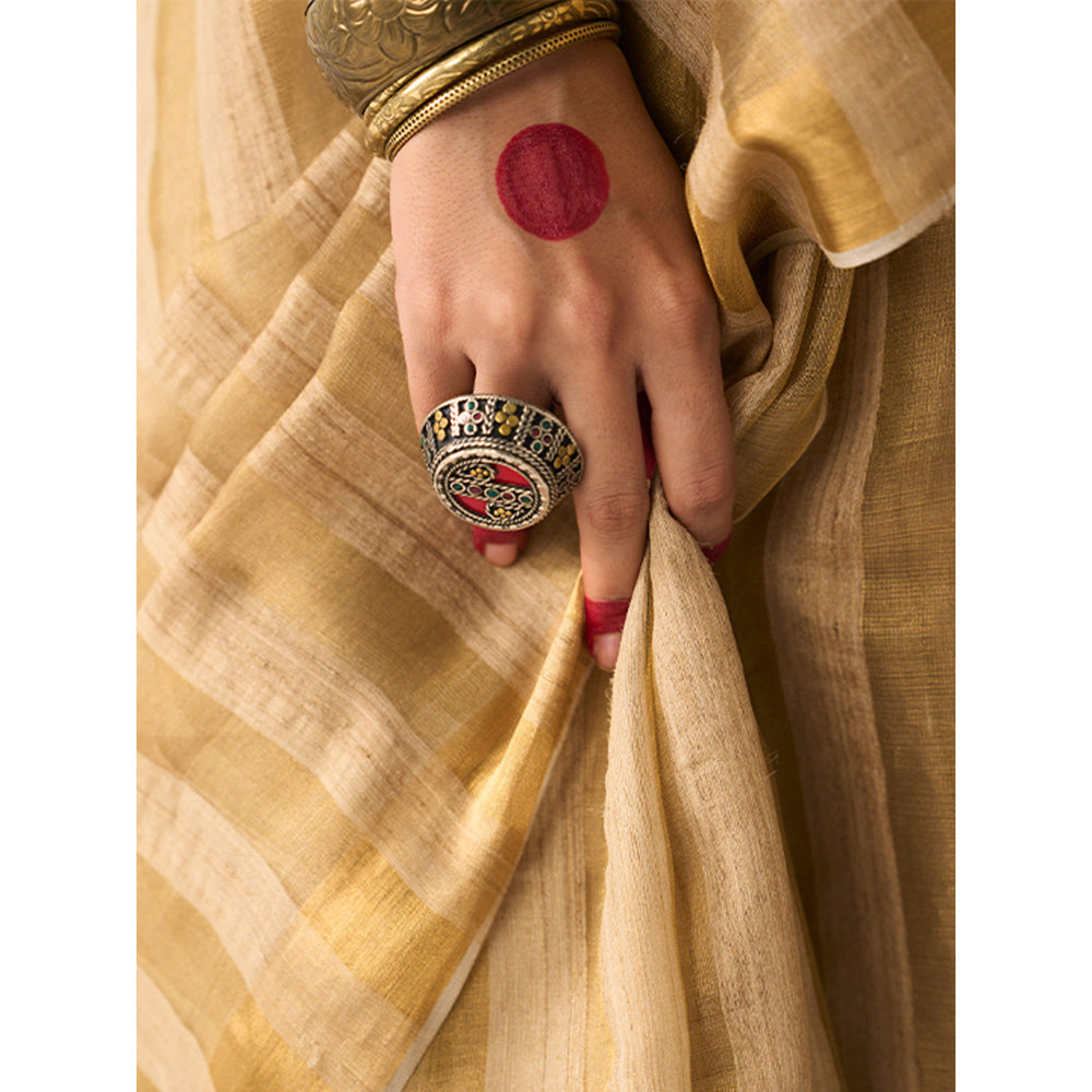 Five Point Five Women's Hema Beige Woven Saree with Unstitched Blouse