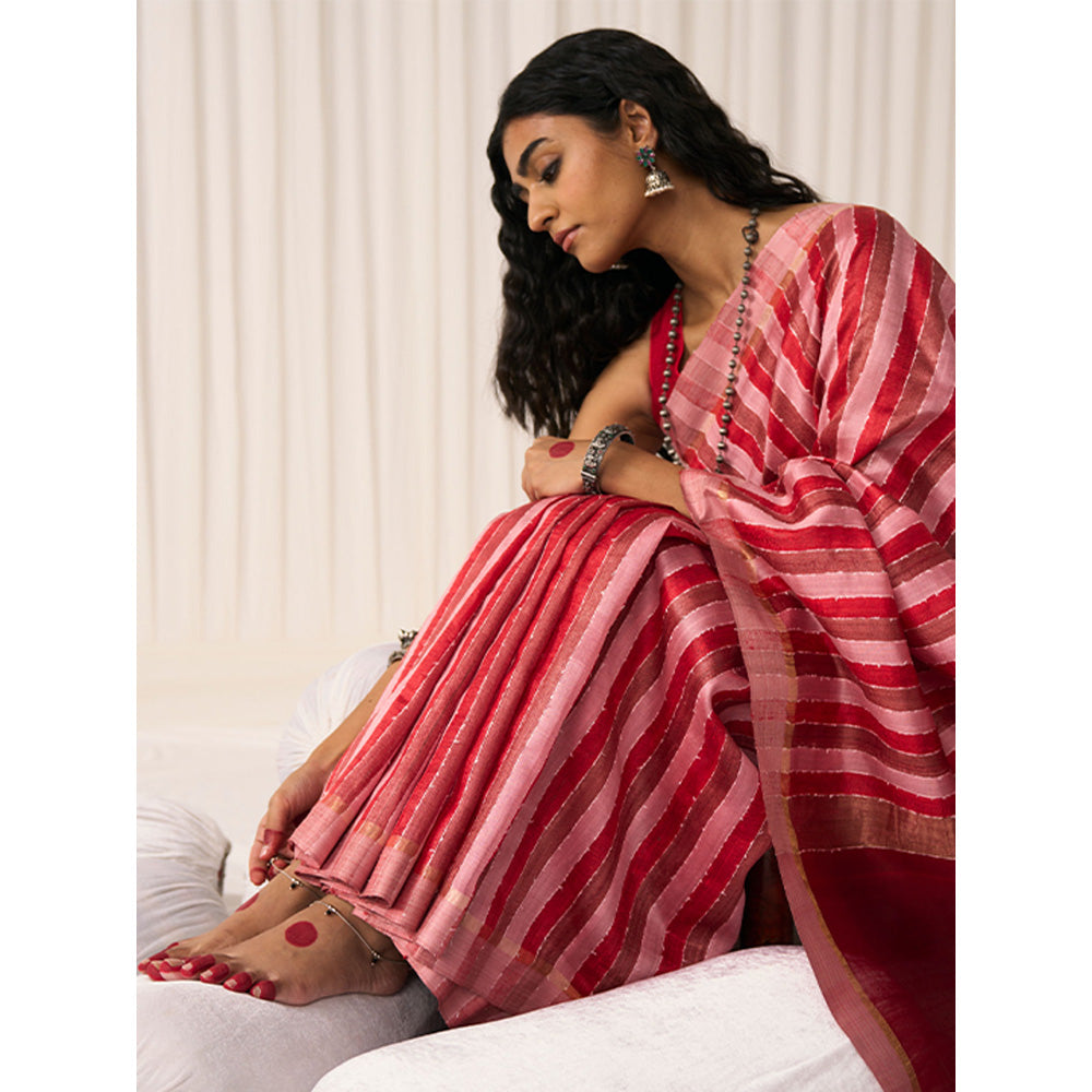 Five Point Five Women's Pankti Red Printed Saree with Unstitched Blouse