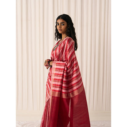 Five Point Five Women's Pankti Red Printed Saree with Unstitched Blouse