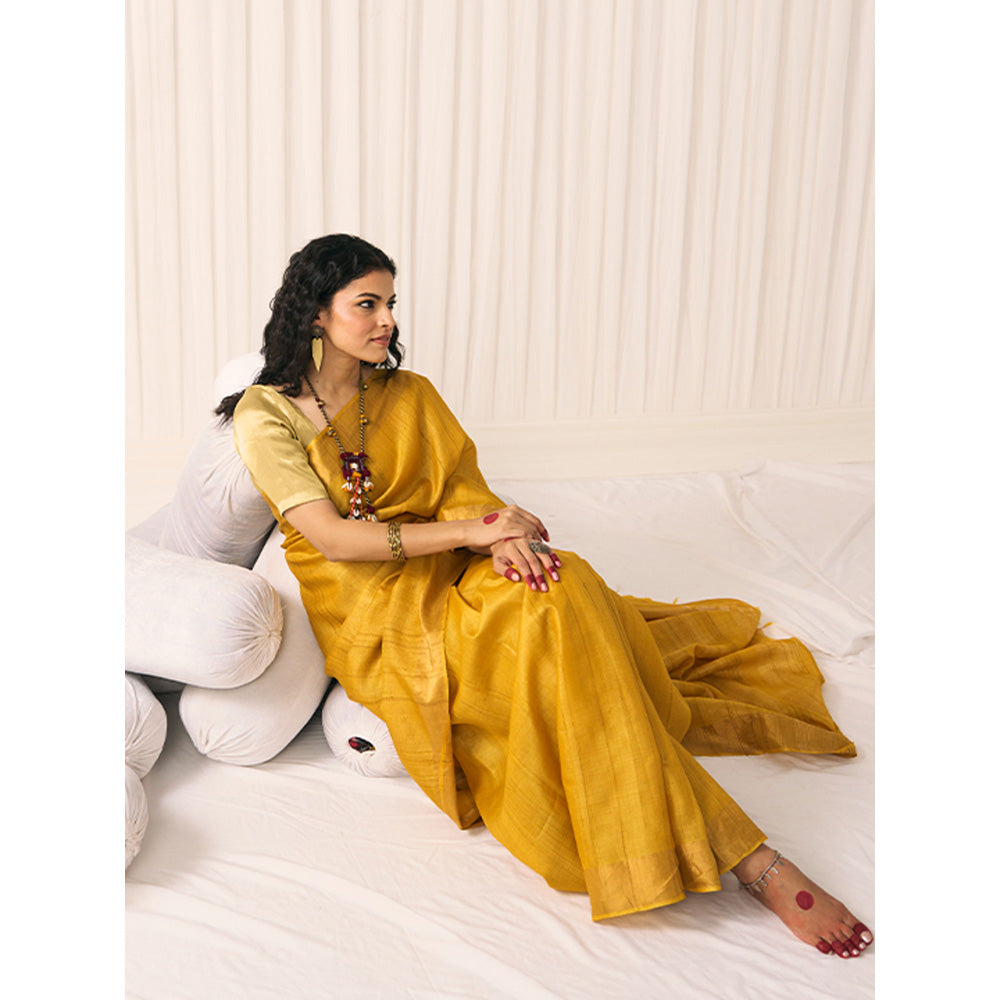 Five Point Five Women's Sandhya Mustard Woven Saree with Unstitched Blouse