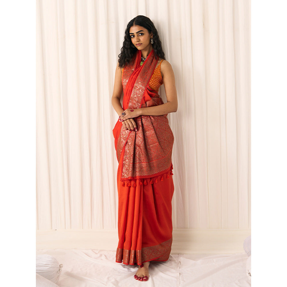 Five Point Five Women's Ruhani Orange Woven Saree with Unstitched Blouse