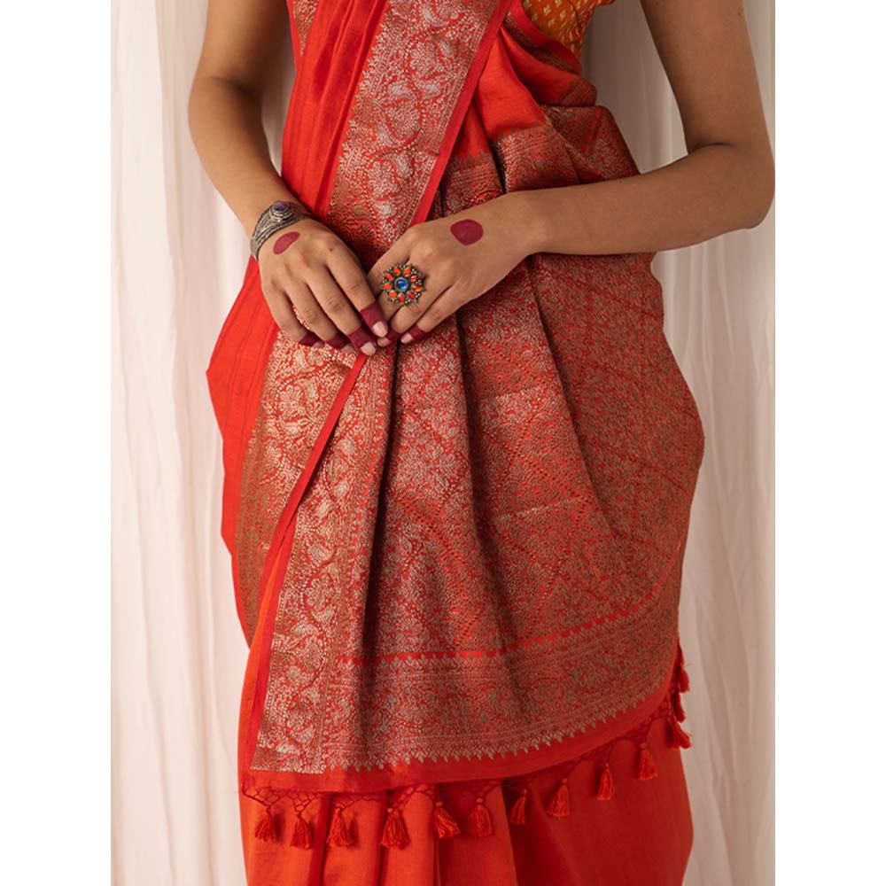 Five Point Five Women's Ruhani Orange Woven Saree with Unstitched Blouse