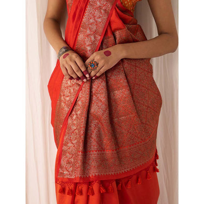 Five Point Five Women's Ruhani Orange Woven Saree with Unstitched Blouse