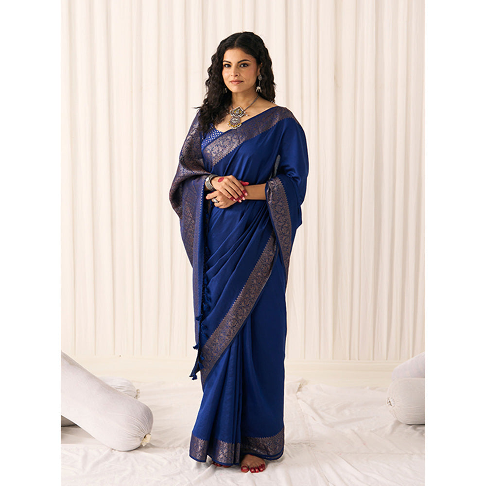 Five Point Five Women's Ruhani Blue Woven Saree with Unstitched Blouse