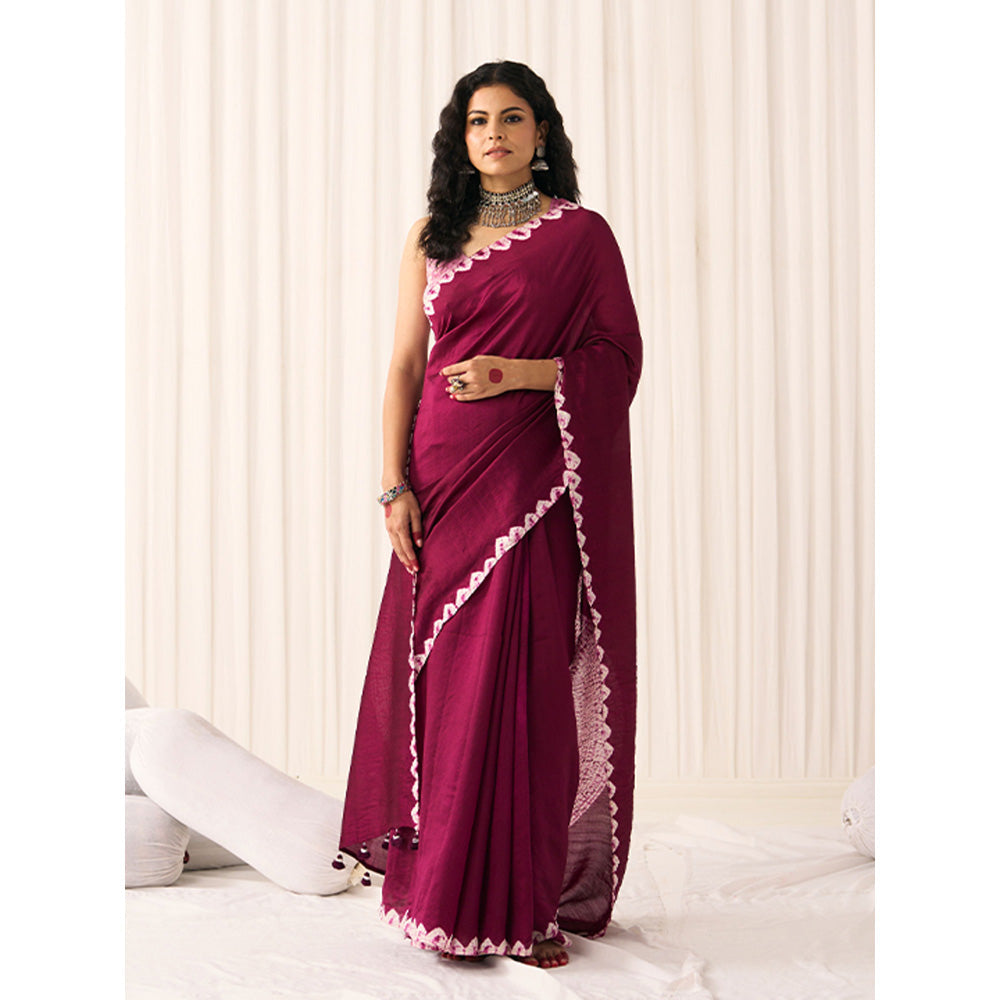 Five Point Five Women's Poonam Wine Tie & Dye Saree with Unstitched Blouse