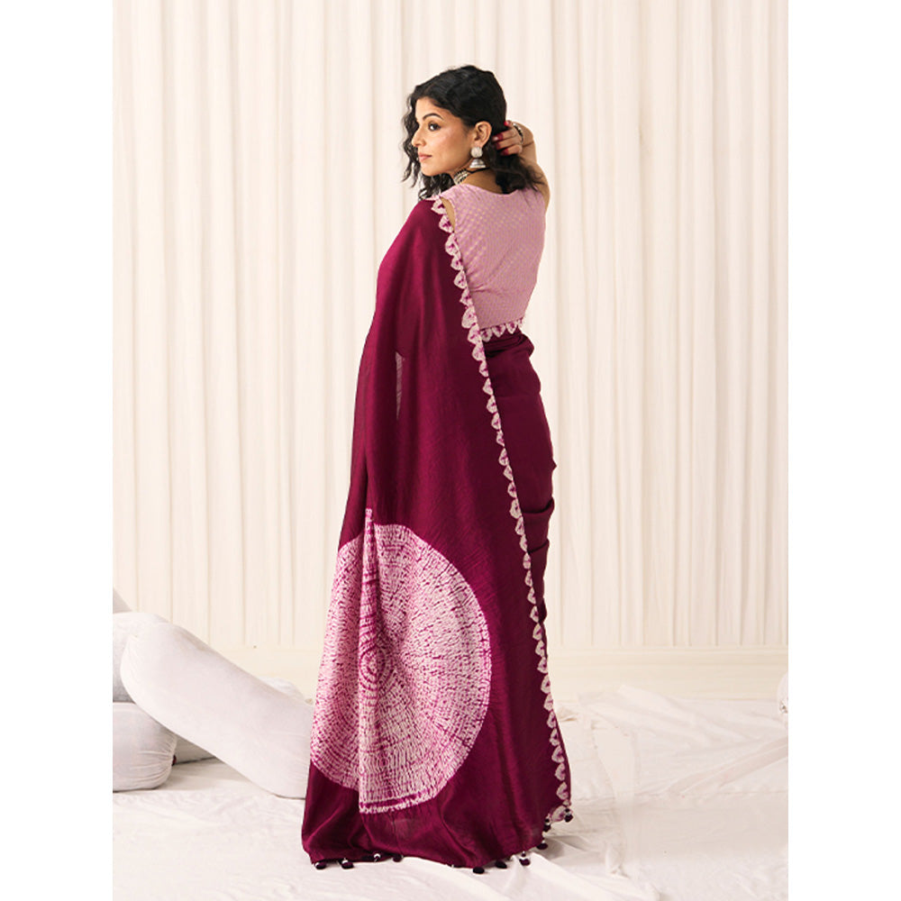 Five Point Five Women's Poonam Wine Tie & Dye Saree with Unstitched Blouse