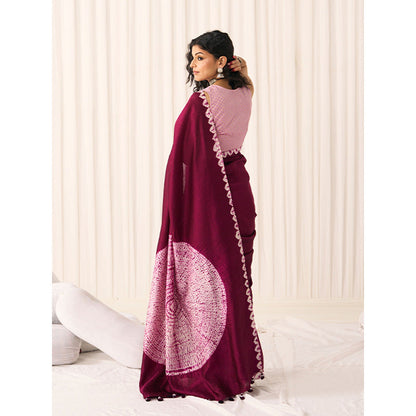 Five Point Five Women's Poonam Wine Tie & Dye Saree with Unstitched Blouse
