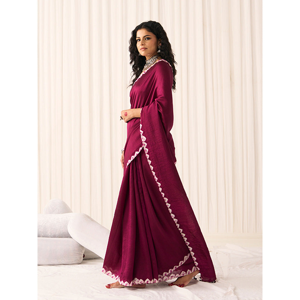 Five Point Five Women's Poonam Wine Tie & Dye Saree with Unstitched Blouse