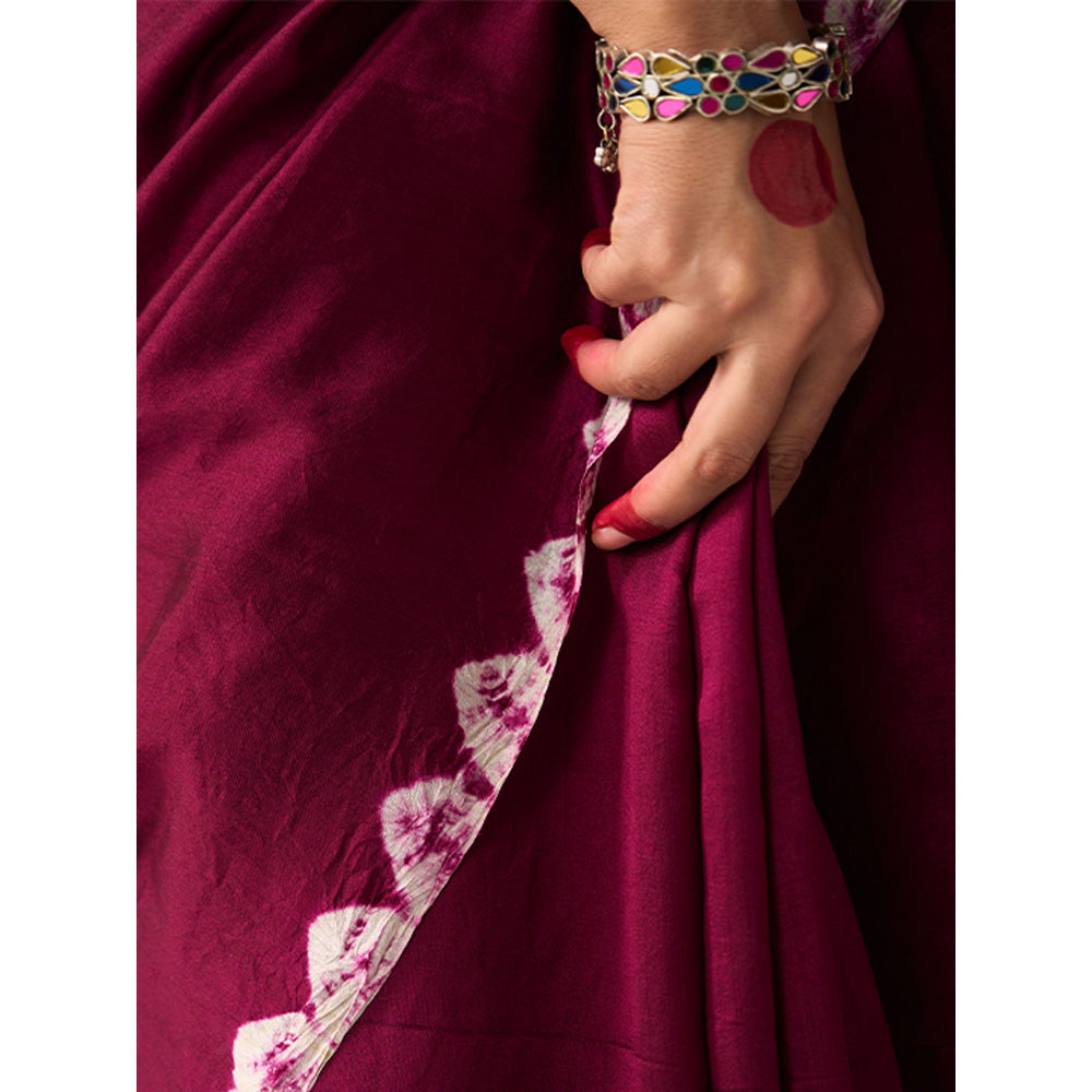 Five Point Five Women's Poonam Wine Tie & Dye Saree with Unstitched Blouse