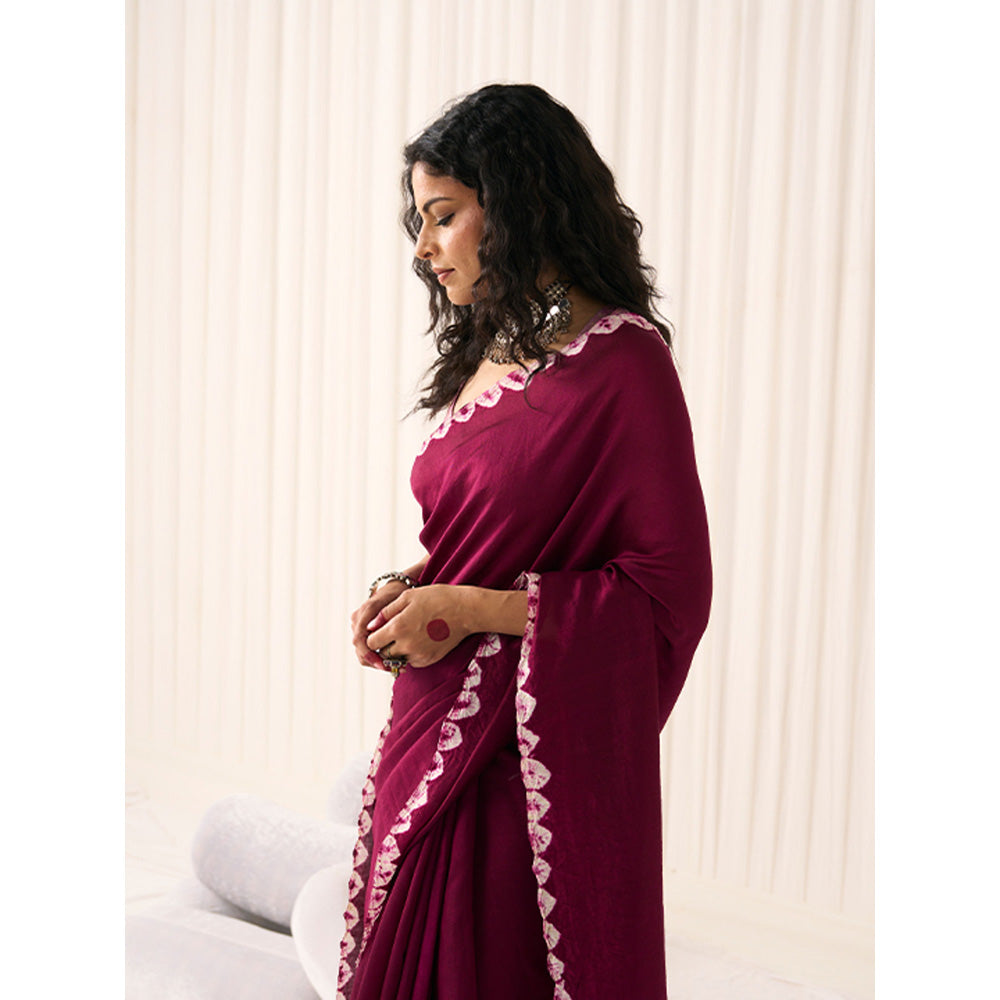 Five Point Five Women's Poonam Wine Tie & Dye Saree with Unstitched Blouse