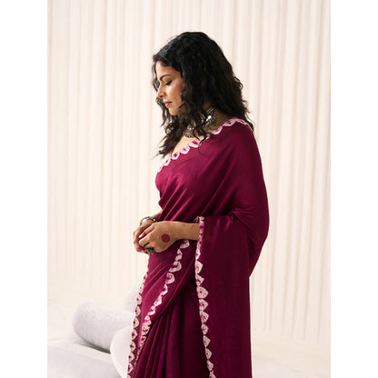 Five Point Five Women's Poonam Wine Tie & Dye Saree with Unstitched Blouse