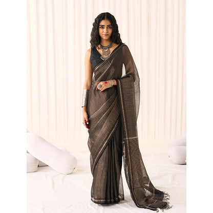Five Point Five Women's Tara Black Woven Saree with Unstitched Blouse