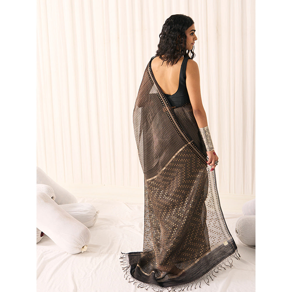 Five Point Five Women's Tara Black Woven Saree with Unstitched Blouse
