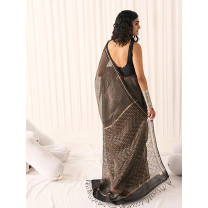 Five Point Five Women's Tara Black Woven Saree with Unstitched Blouse