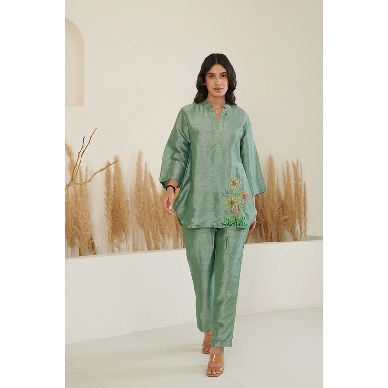 FLAMINGO THE LABEL Era Silk Embroidered Green Top With Pant (Set of 2)