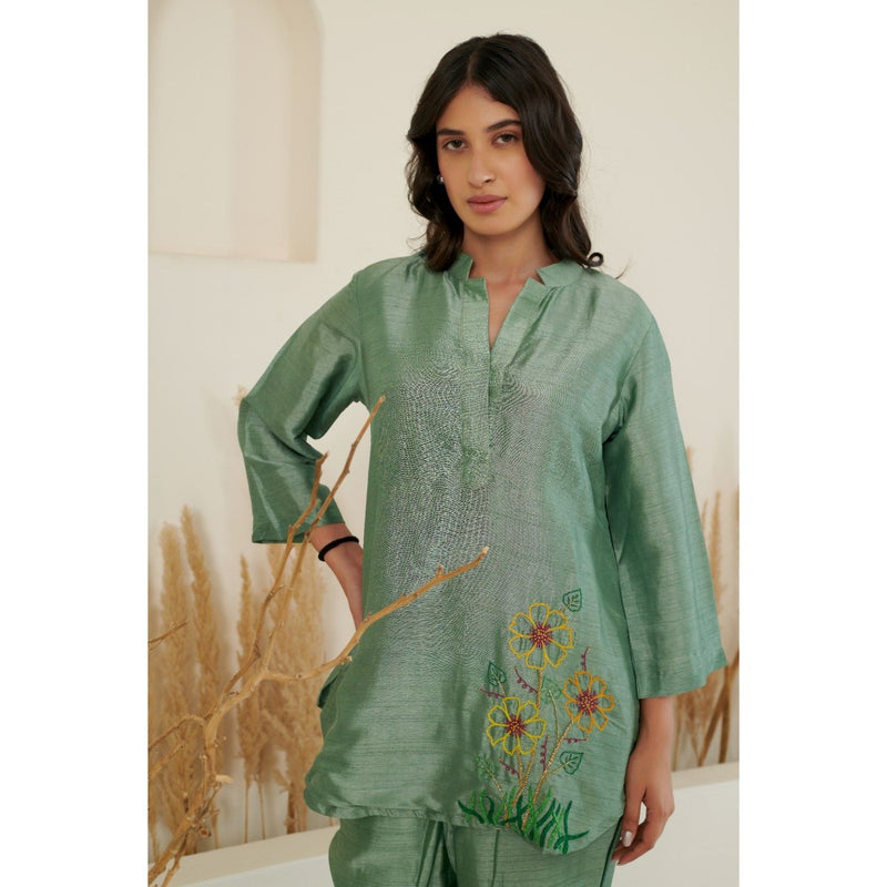 FLAMINGO THE LABEL Era Silk Embroidered Green Top With Pant (Set of 2)