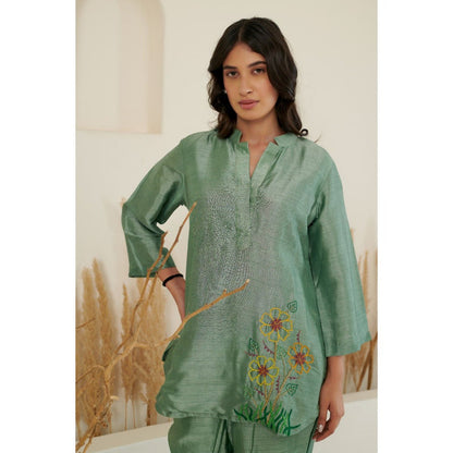 FLAMINGO THE LABEL Era Silk Embroidered Green Top With Pant (Set of 2)