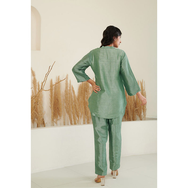 FLAMINGO THE LABEL Era Silk Embroidered Green Top With Pant (Set of 2)