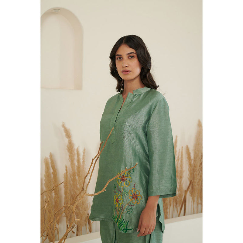 FLAMINGO THE LABEL Era Silk Embroidered Green Top With Pant (Set of 2)