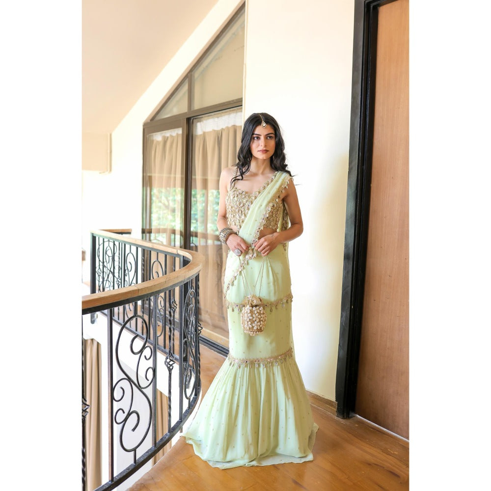 FORAM PATEL Mint Green Embroidered Mumtaz Pre-Drape Saree with Stitched Blouse