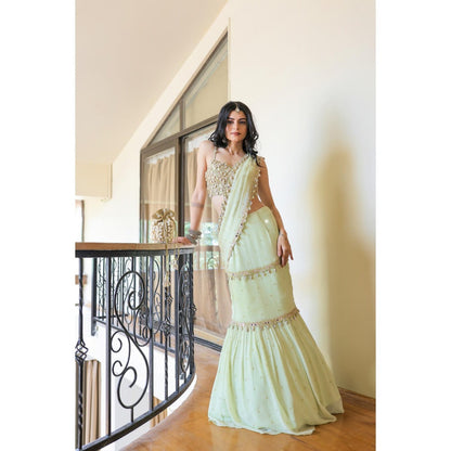 FORAM PATEL Mint Green Embroidered Mumtaz Pre-Drape Saree with Stitched Blouse