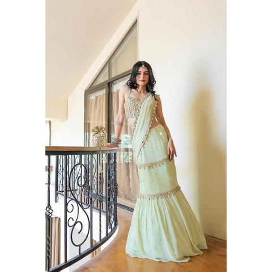 FORAM PATEL Mint Green Embroidered Mumtaz Pre-Drape Saree with Stitched Blouse