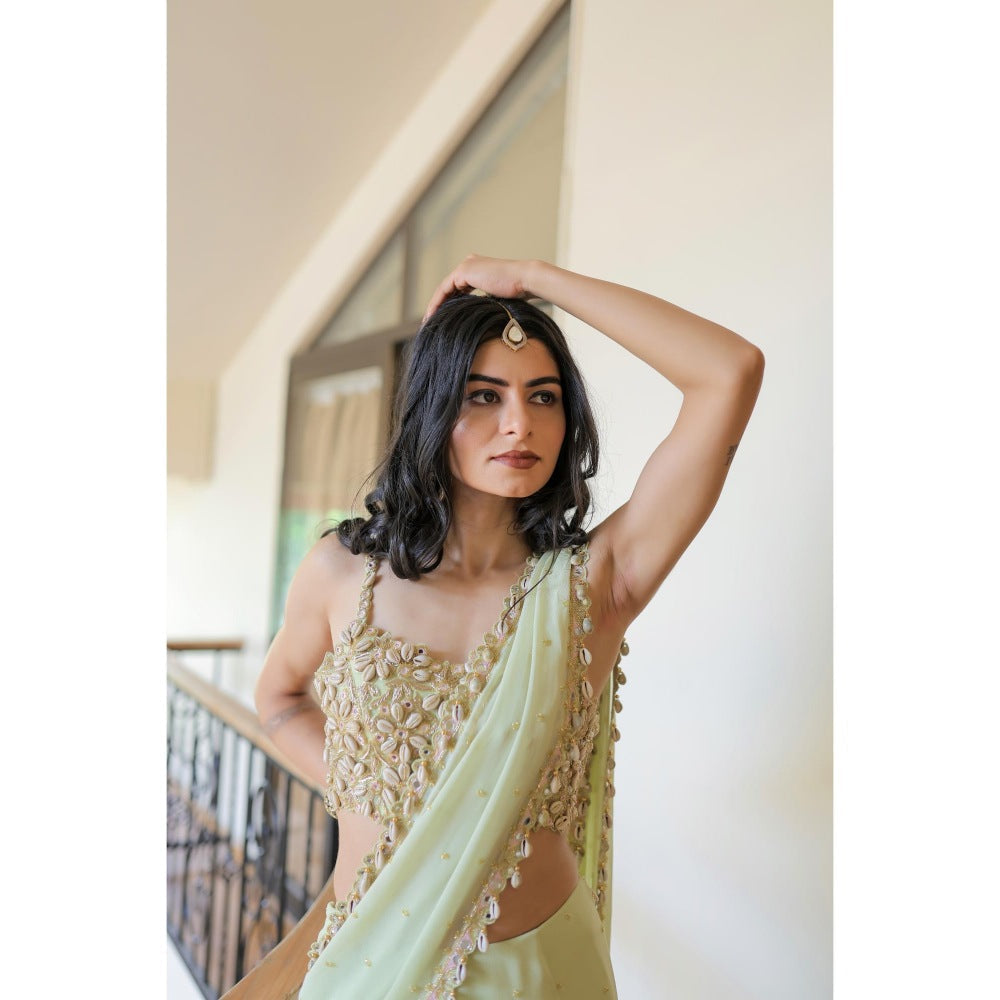 FORAM PATEL Mint Green Embroidered Mumtaz Pre-Drape Saree with Stitched Blouse