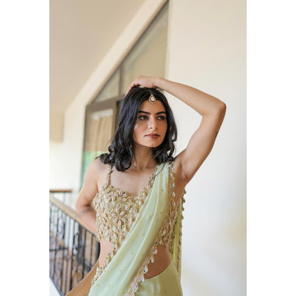 FORAM PATEL Mint Green Embroidered Mumtaz Pre-Drape Saree with Stitched Blouse