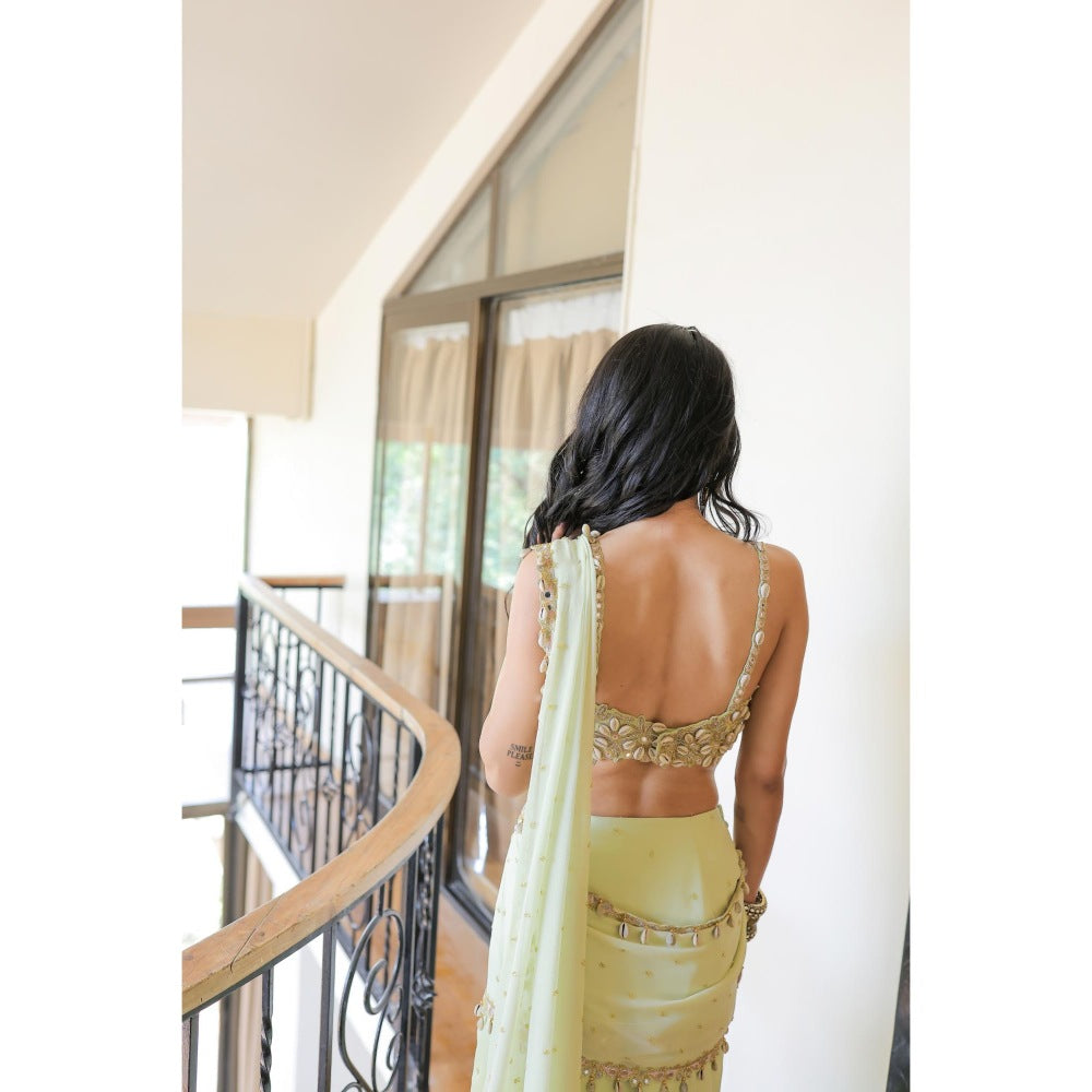 FORAM PATEL Mint Green Embroidered Mumtaz Pre-Drape Saree with Stitched Blouse