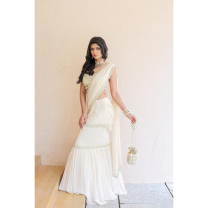 FORAM PATEL Cream Embroidered Mumtaz Pre-Drape Saree with Stitched Blouse