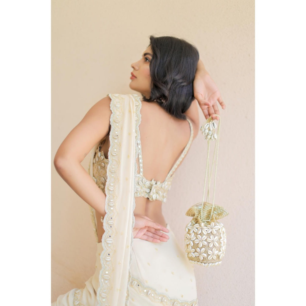 FORAM PATEL Cream Embroidered Mumtaz Pre-Drape Saree with Stitched Blouse
