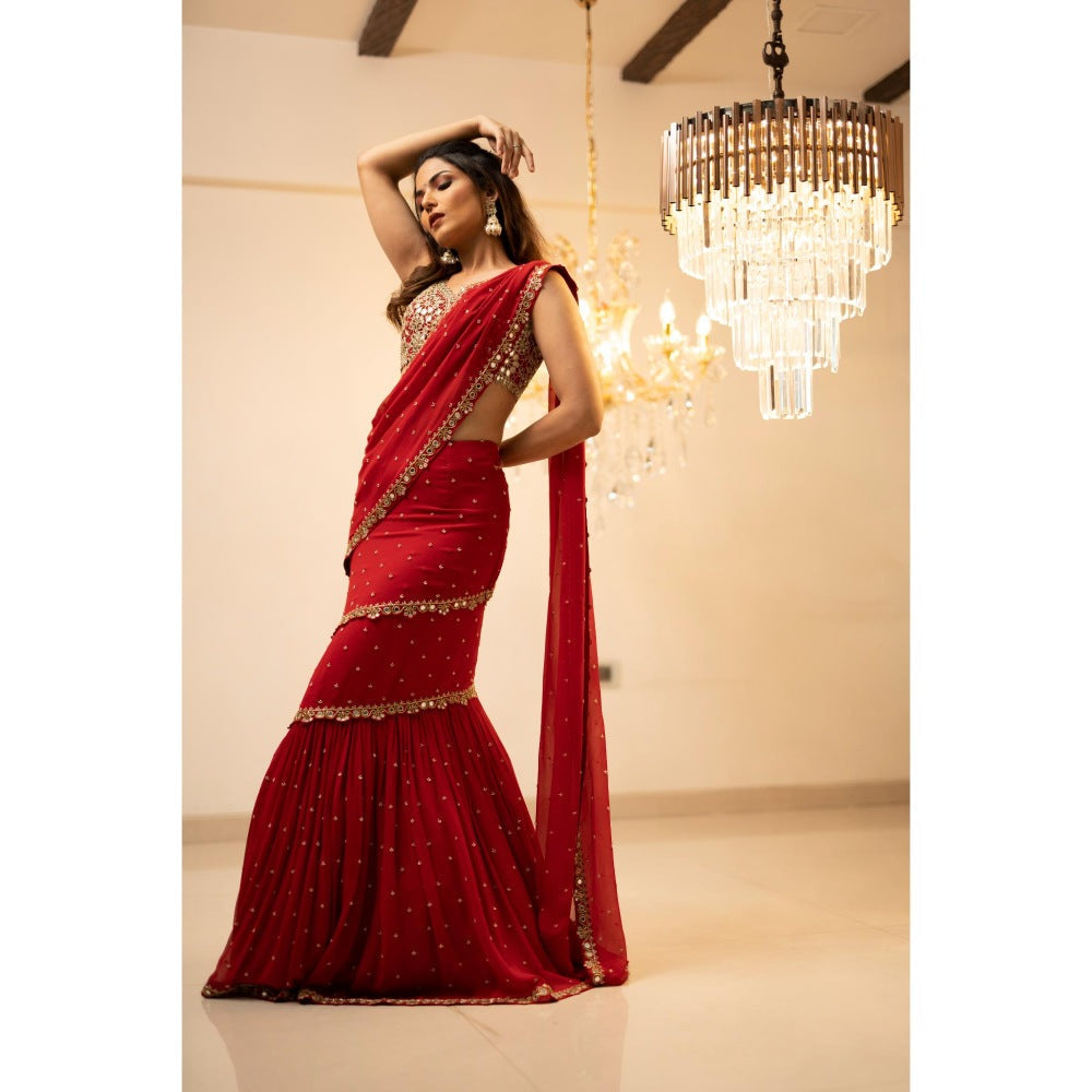 FORAM PATEL Red Pre-Draped Embriodered Mumtaz Saree with Stitched Blouse