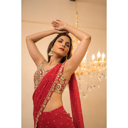 FORAM PATEL Red Pre-Draped Embriodered Mumtaz Saree with Stitched Blouse