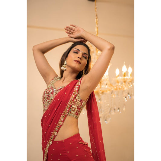FORAM PATEL Red Pre-Draped Embriodered Mumtaz Saree with Stitched Blouse