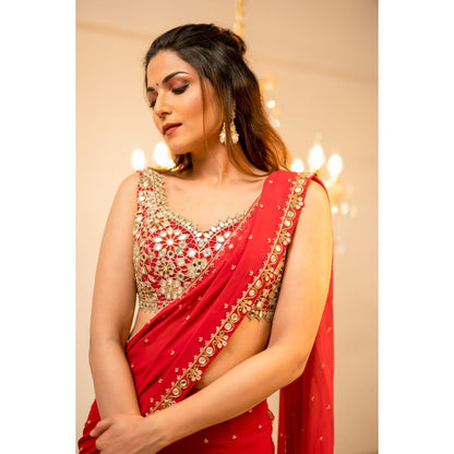 FORAM PATEL Red Pre-Draped Embriodered Mumtaz Saree with Stitched Blouse