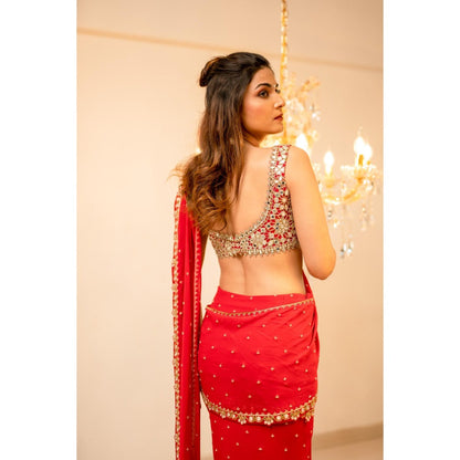 FORAM PATEL Red Pre-Draped Embriodered Mumtaz Saree with Stitched Blouse