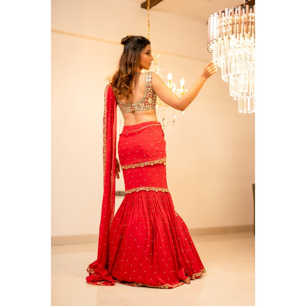 FORAM PATEL Red Pre-Draped Embriodered Mumtaz Saree with Stitched Blouse