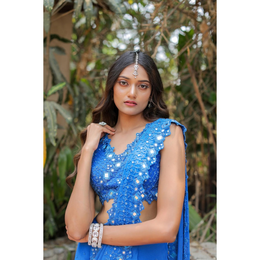 FORAM PATEL Blue Embroidered Mumtaz Pre-Drape Saree with Stitched Blouse