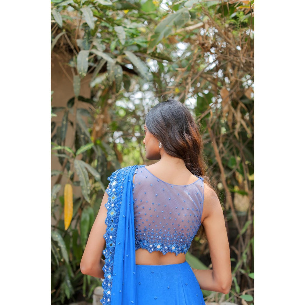 FORAM PATEL Blue Embroidered Mumtaz Pre-Drape Saree with Stitched Blouse