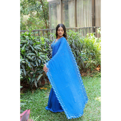 FORAM PATEL Blue Embroidered Mumtaz Pre-Drape Saree with Stitched Blouse