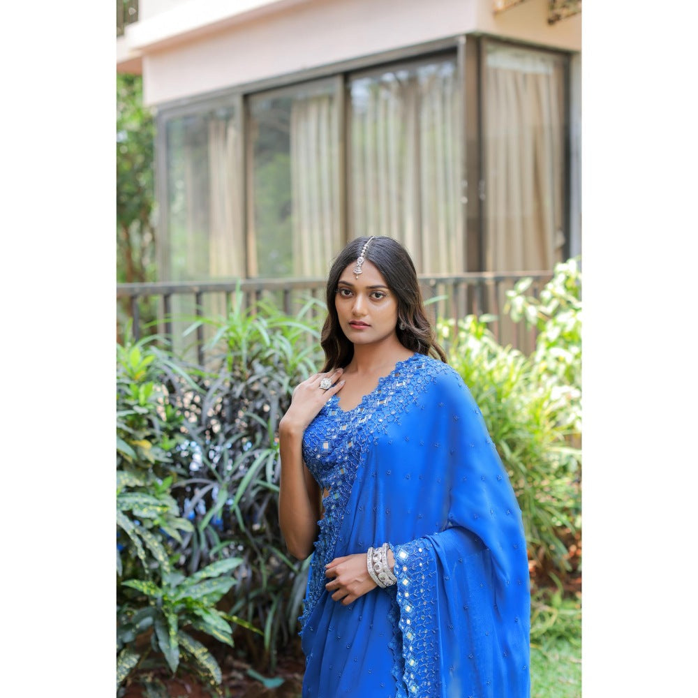FORAM PATEL Blue Embroidered Mumtaz Pre-Drape Saree with Stitched Blouse