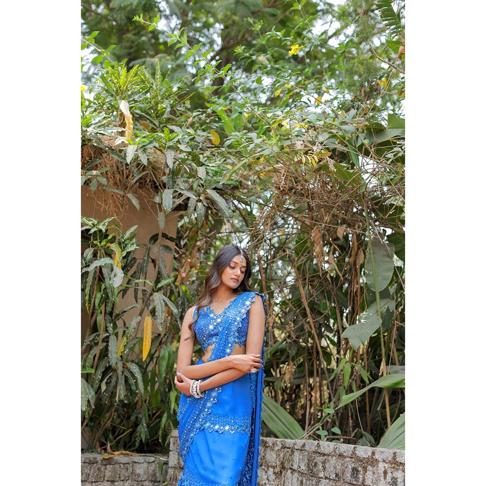 FORAM PATEL Blue Embroidered Mumtaz Pre-Drape Saree with Stitched Blouse