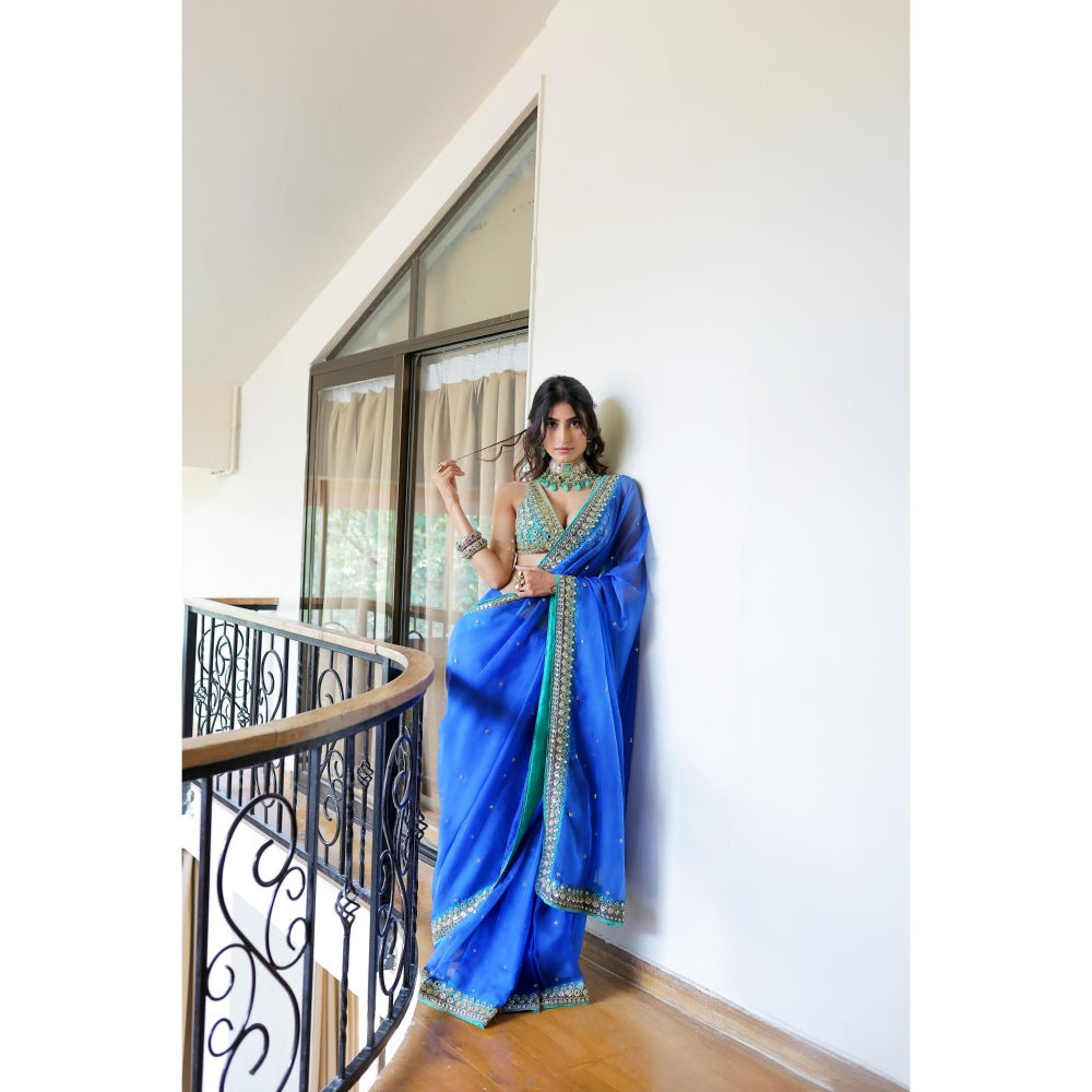 FORAM PATEL Blue Embroidered Organza Pre-Drape Saree with Stitched Blouse