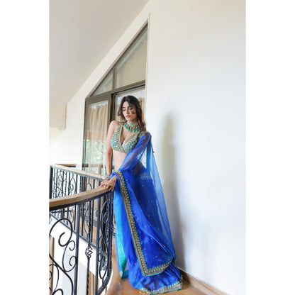 FORAM PATEL Blue Embroidered Organza Pre-Drape Saree with Stitched Blouse