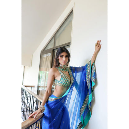 FORAM PATEL Blue Embroidered Organza Pre-Drape Saree with Stitched Blouse