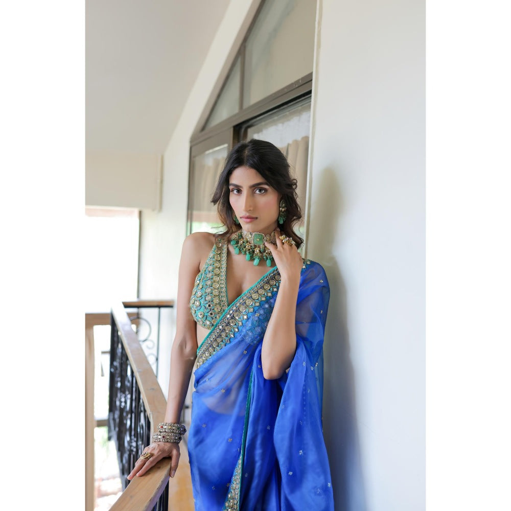 FORAM PATEL Blue Embroidered Organza Pre-Drape Saree with Stitched Blouse