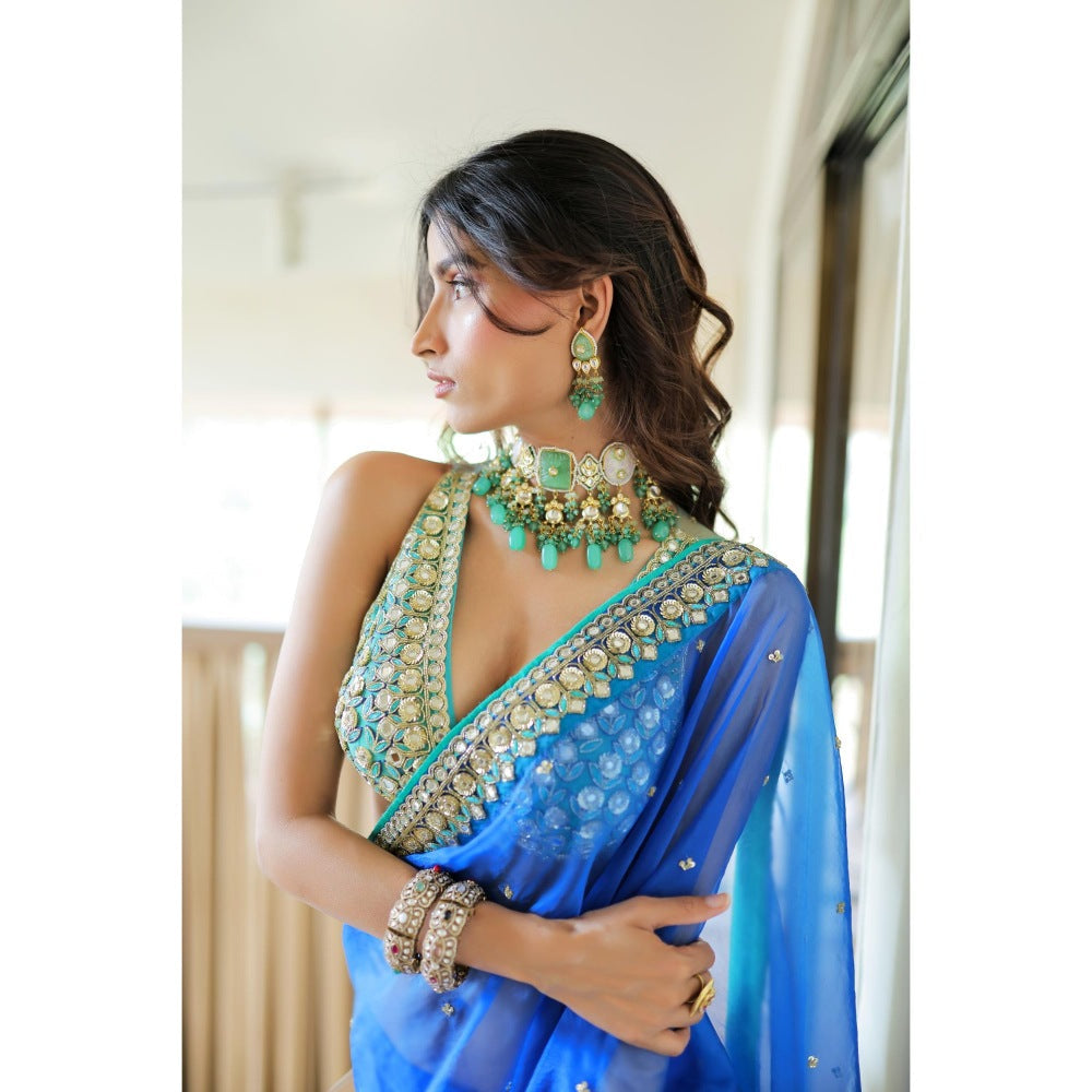 FORAM PATEL Blue Embroidered Organza Pre-Drape Saree with Stitched Blouse